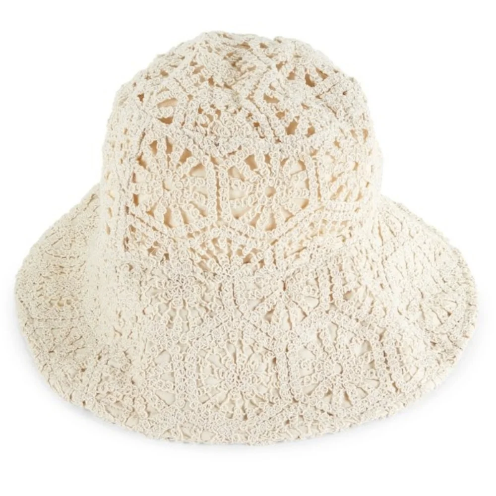 The Phluid Project cream boho crochet knit bucket hat